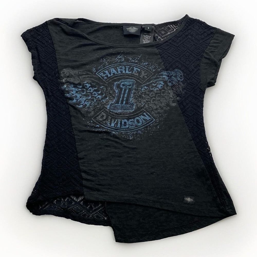 Y2K Harley Davidson Lace Shirt Blouse Women's S Black Cyber Asymmetrical